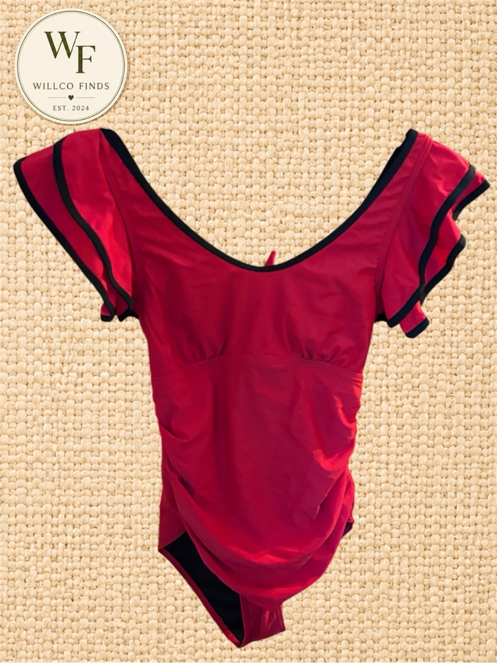 Red Black Ruffle Sleeve One Piece Swimsuit Bow Back Ruched Size Small